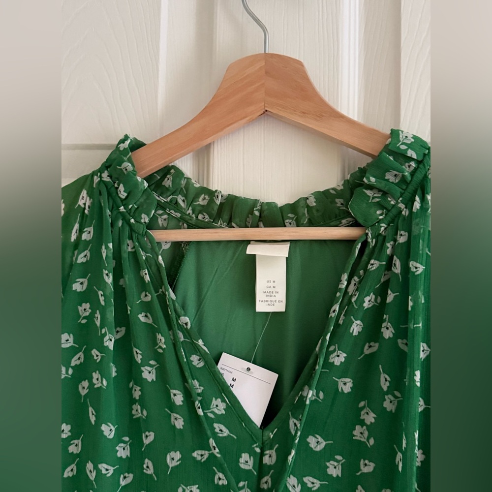 H&M Floral Flounce Green Chiffon Long Sleeve Maxi Dress sz M - Picture 6 of 8